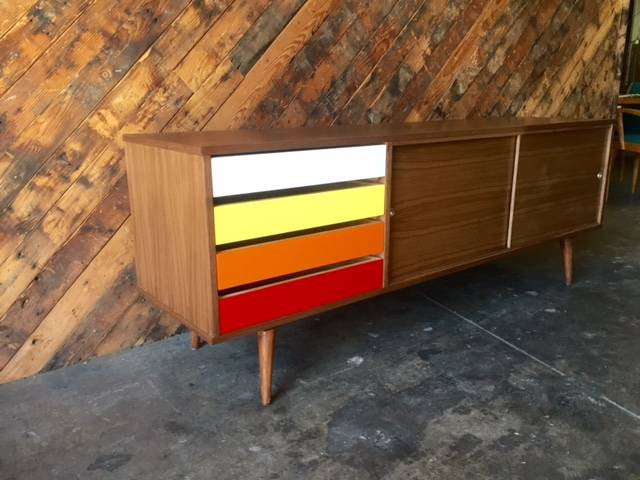 Mid Century Style Custom Walnut Credenza with 4 painted drawers