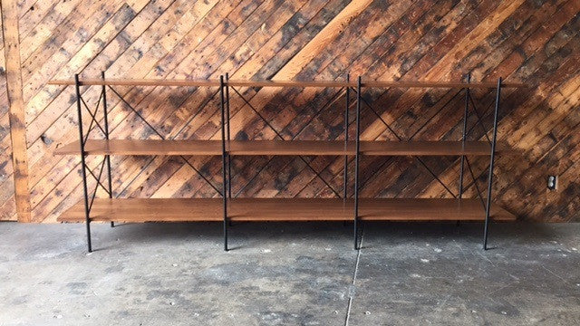 Custom Hand Made Iron Walnut Shelf, Mid Century Style with 6 bays