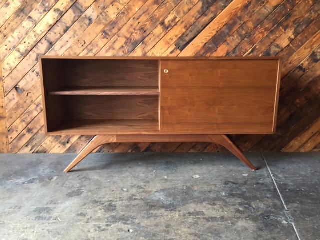 Mid Century Style Custom Walnut Sculpted Base Credenza with shelves only