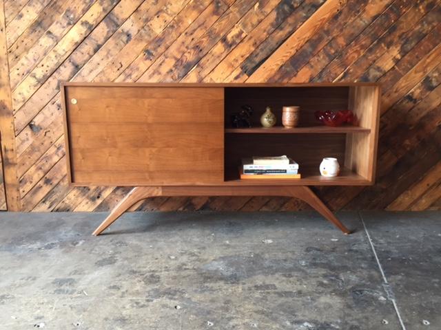 Mid Century Style Custom Walnut Sculpted Base Credenza with shelves only